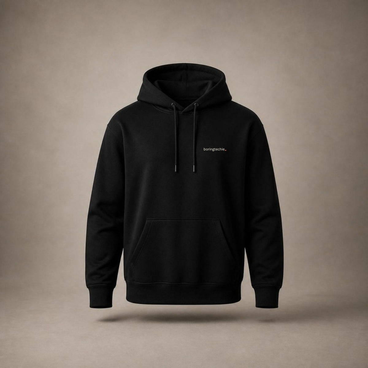 BoringTechie Black Hoodie — front with small boringtechie chest mark
