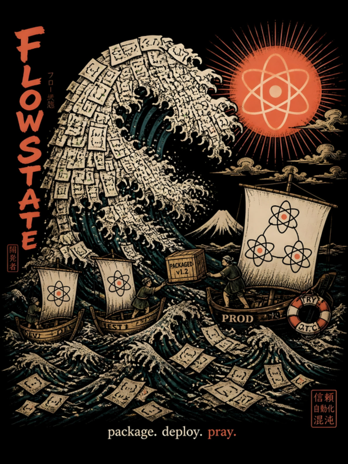 Flow State back print artwork — package. deploy. pray.