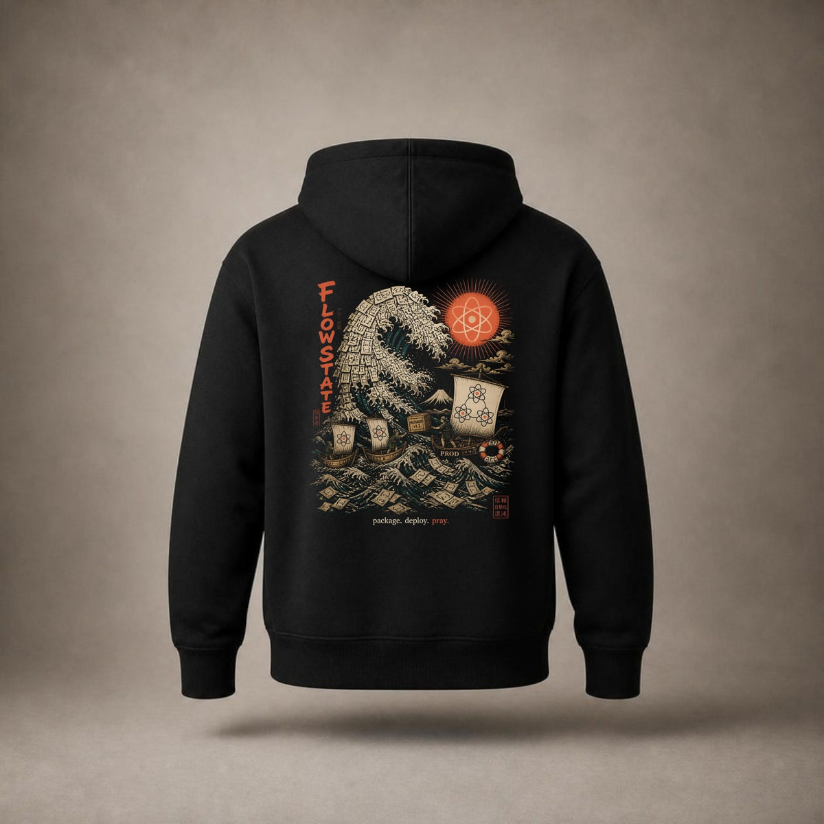 BoringTechie Black Hoodie — back with Flow State wave print