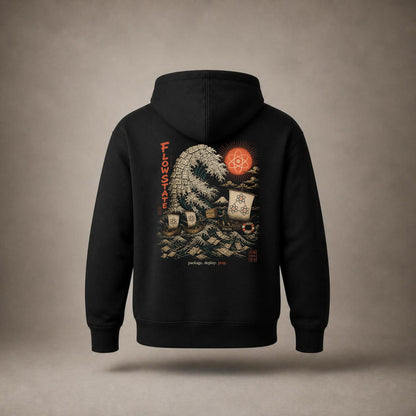 BoringTechie Black Hoodie — back with Flow State wave print
