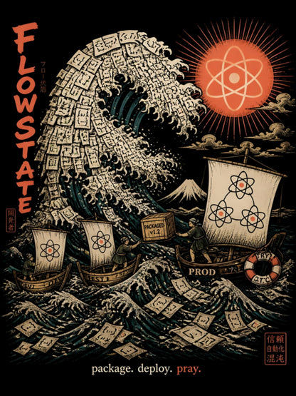 Flow State back print artwork — package. deploy. pray.